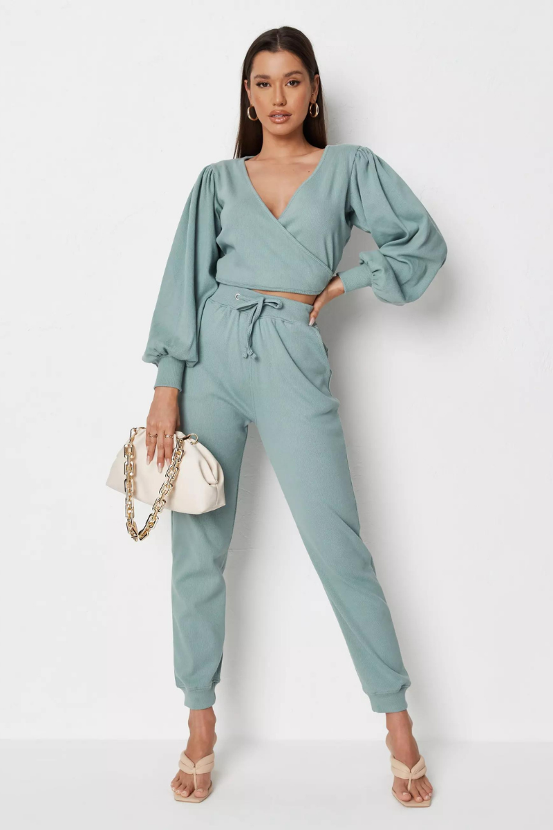 Ribbed Wrap Front Crop Top &  Joggers Co-ord Set