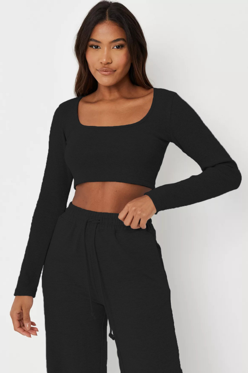 Ribbed  Crop Top full sleeves and Wide Leg Joggers Coord Set