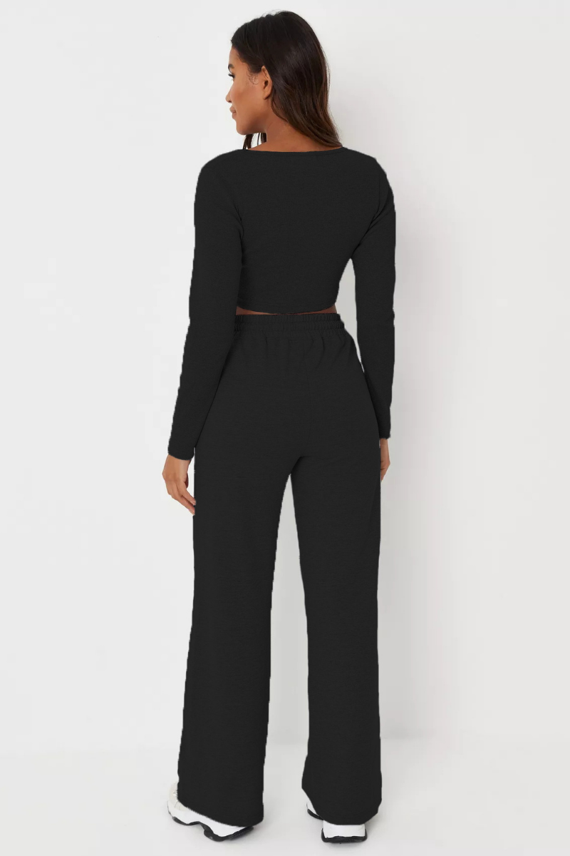 Ribbed  Crop Top full sleeves and Wide Leg Joggers Coord Set