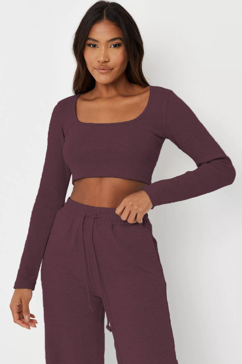 Ribbed  Crop Top full sleeves and Wide Leg Joggers Coord Set