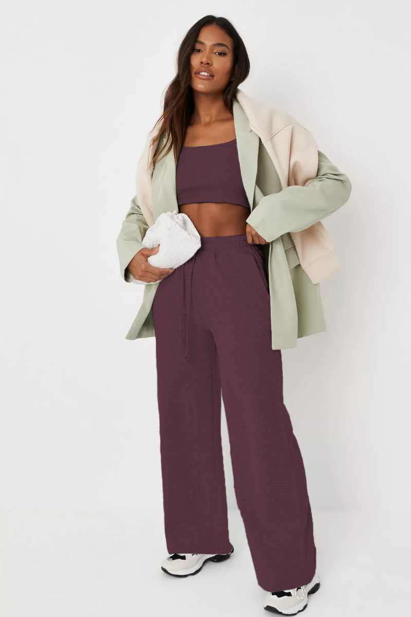 Ribbed  Crop Top full sleeves and Wide Leg Joggers Coord Set