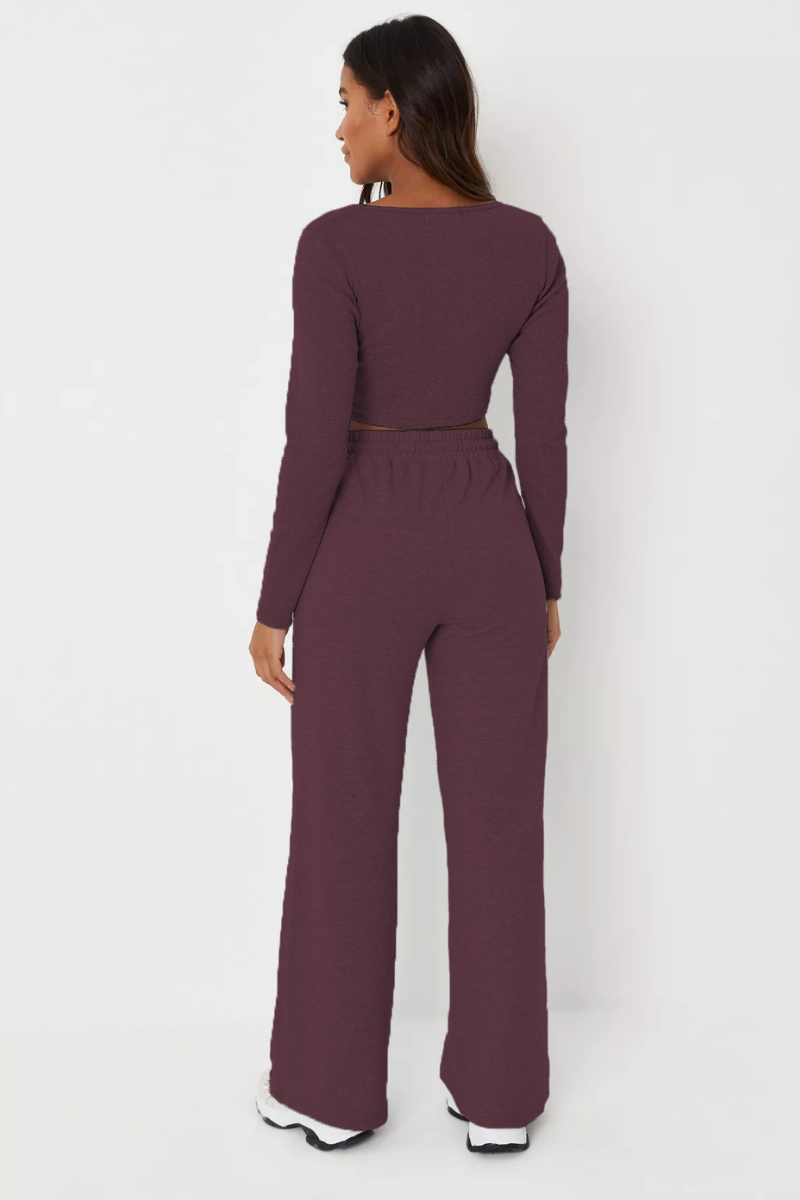 Ribbed  Crop Top full sleeves and Wide Leg Joggers Coord Set