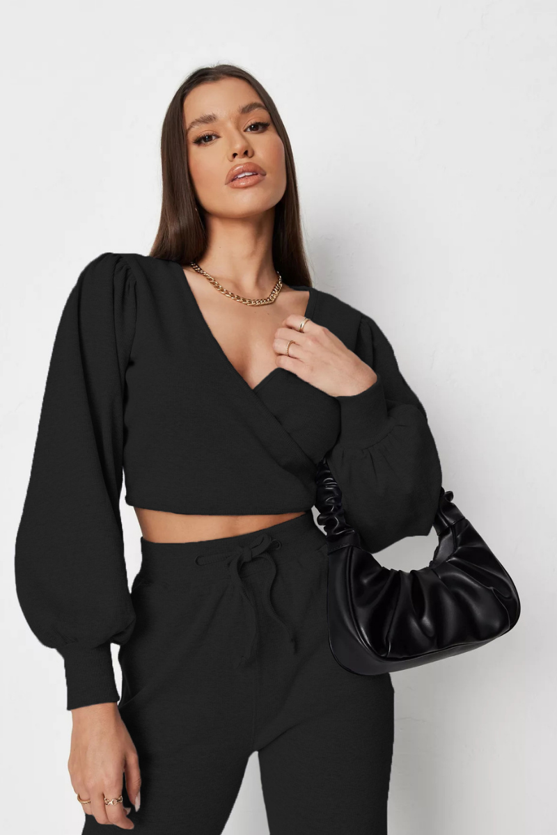 Ribbed Wrap Front Crop Top &  Joggers Co-ord Set