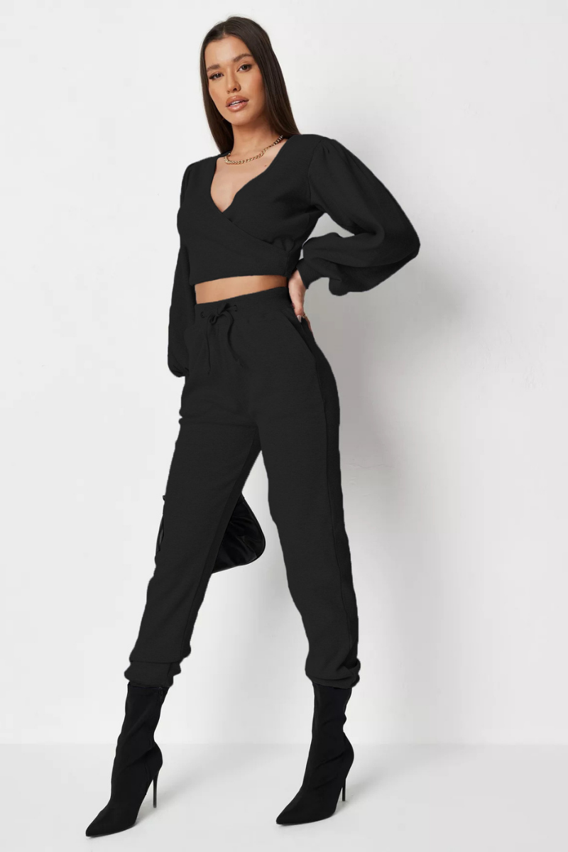 Ribbed Wrap Front Crop Top &  Joggers Co-ord Set