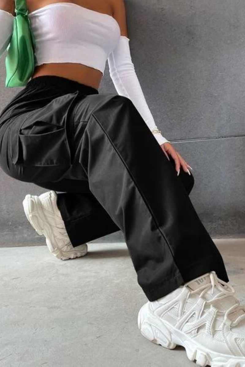 Solid High Waist Flap Pocket Cargo Pants/Black