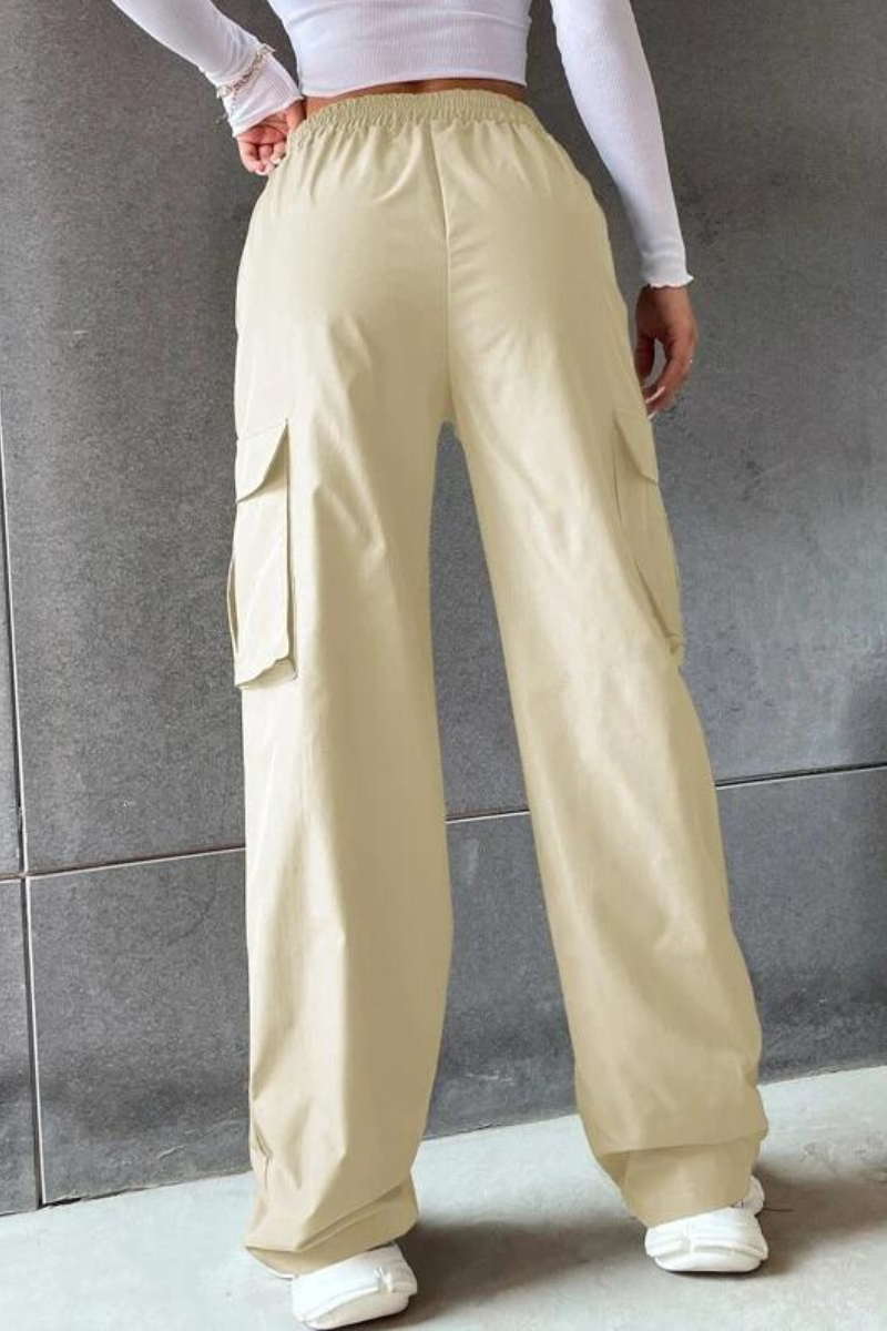 Solid High Waist Flap Pocket Cargo Pants/Beige