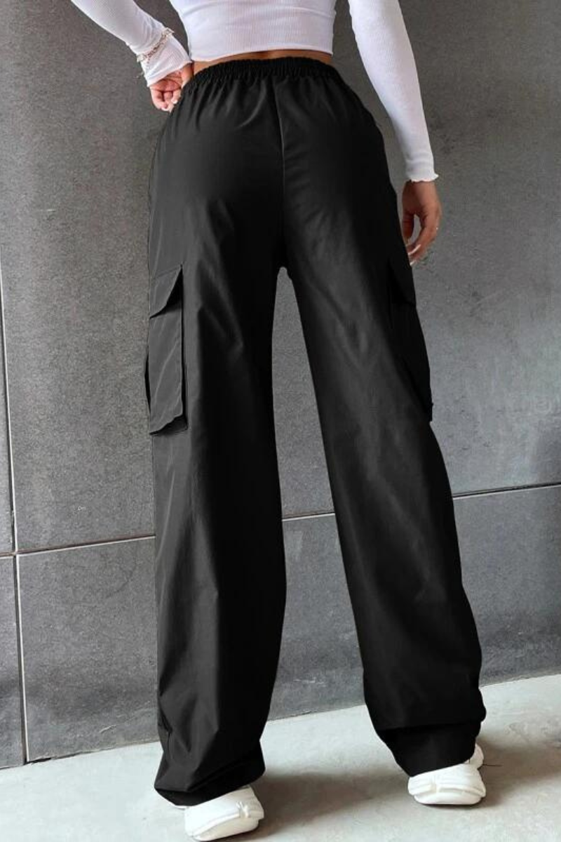 Solid High Waist Flap Pocket Cargo Pants/Black