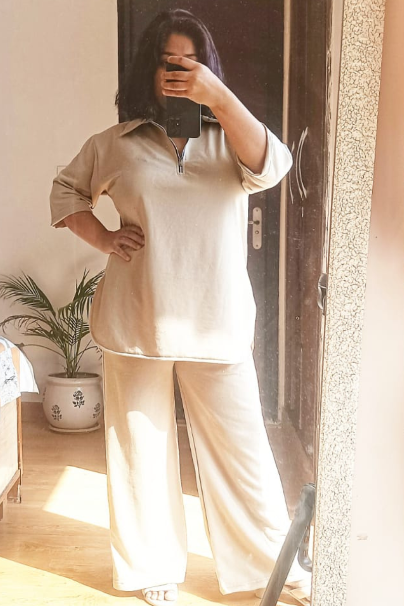 Half Zipup Collar Top & Jogger Set/Beige