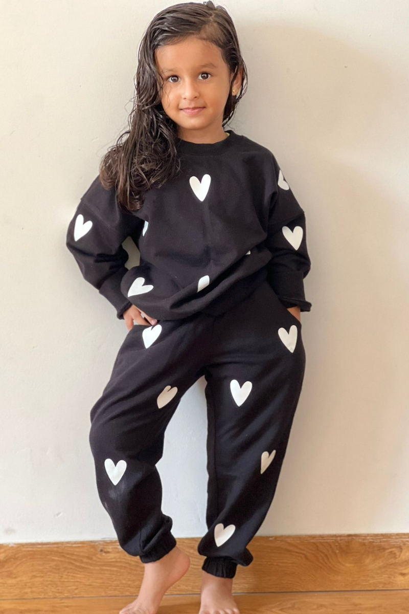 Heart Print Dropshoulder Sweatshirt & Jogger Coord