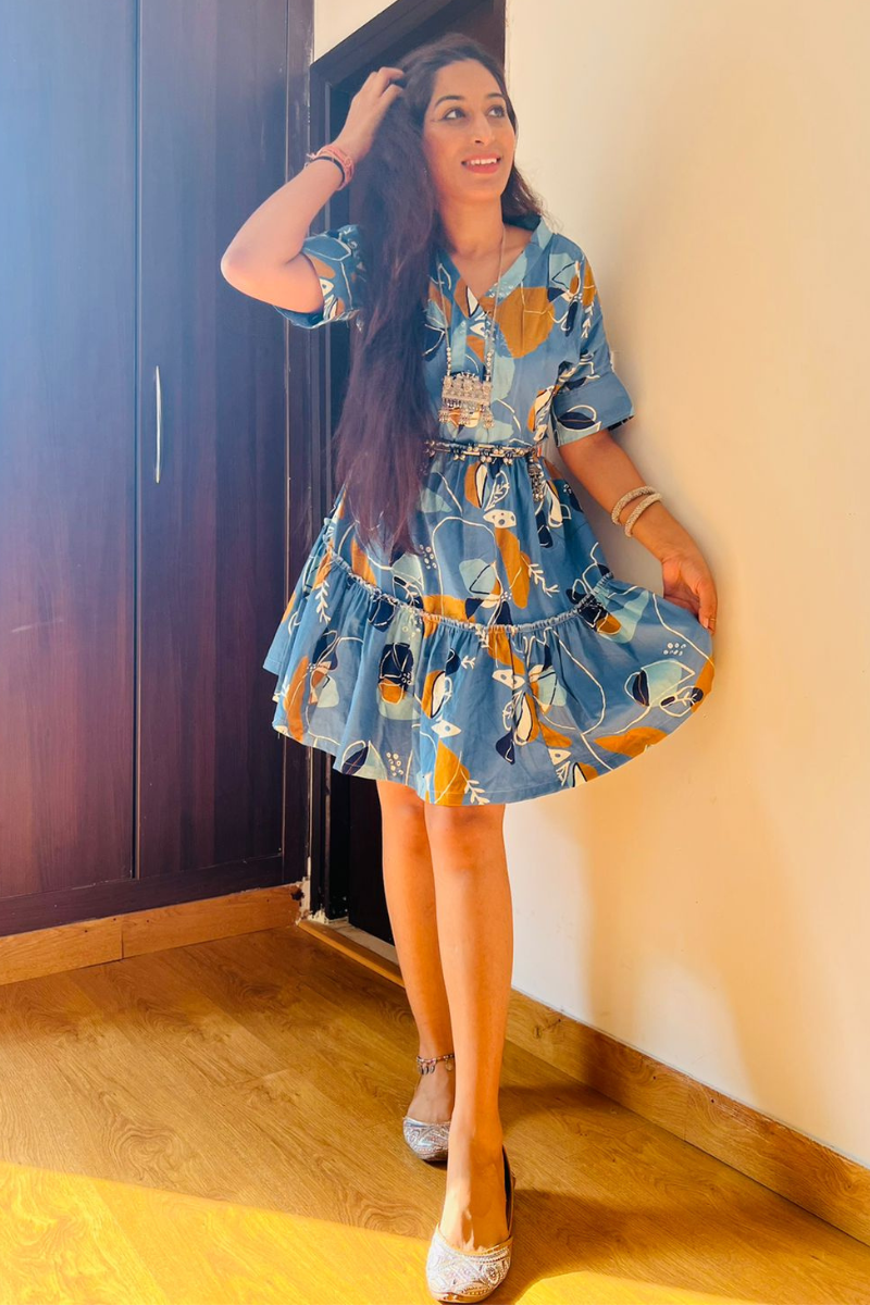 Ocean Blue Asymmetric Print Two Tier Dress