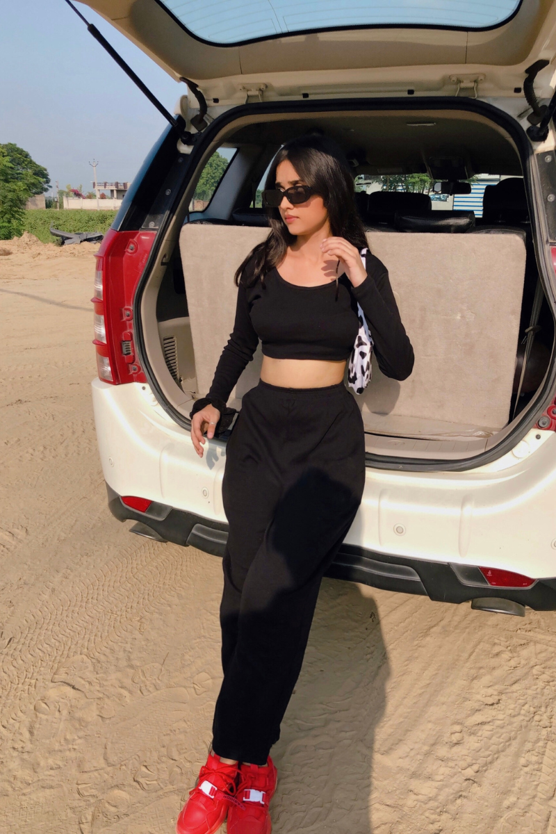 Ribbed Crop Top full sleeves and Wide Leg Joggers Coord Set